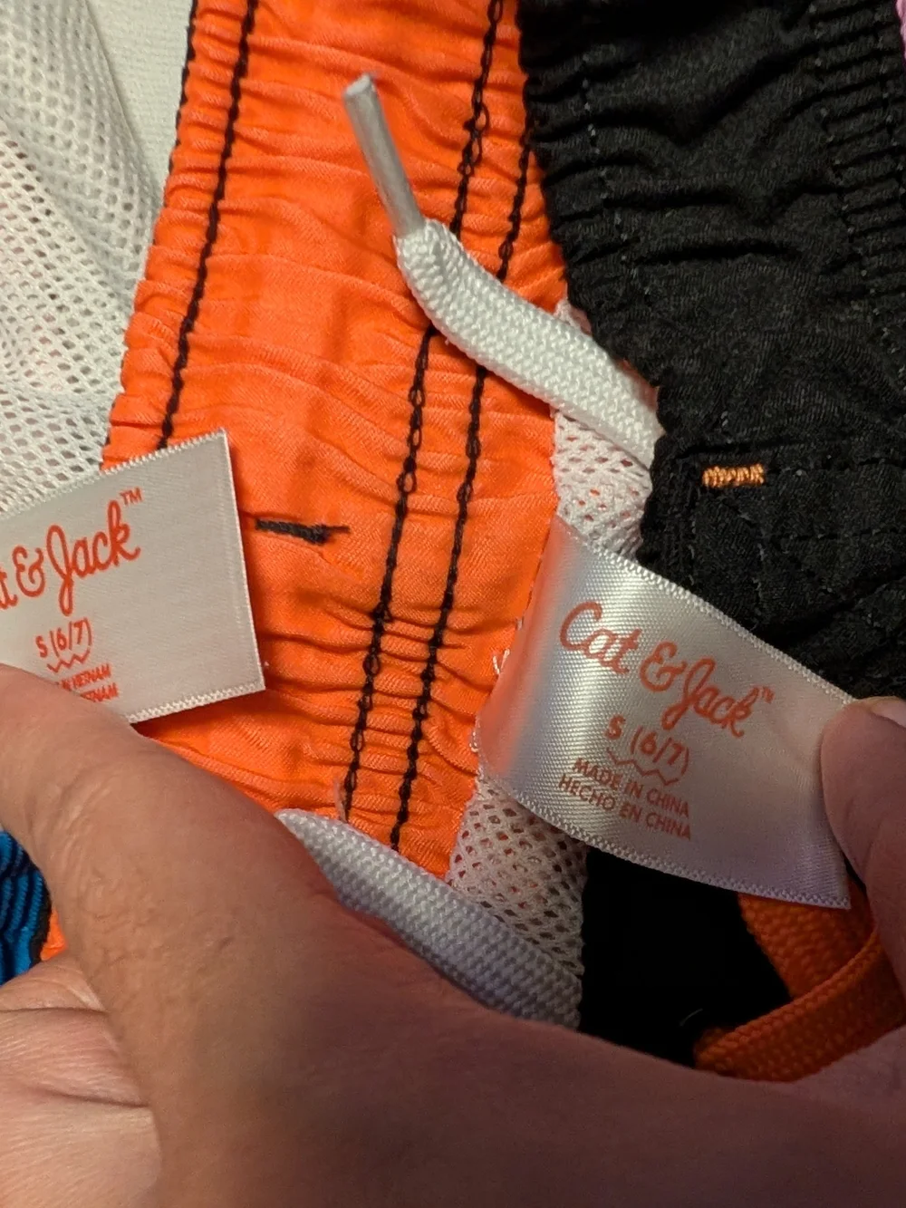 Set Of 2 Kids Swim Trunks - Orange & Black Sunset and Bright Orange Surf